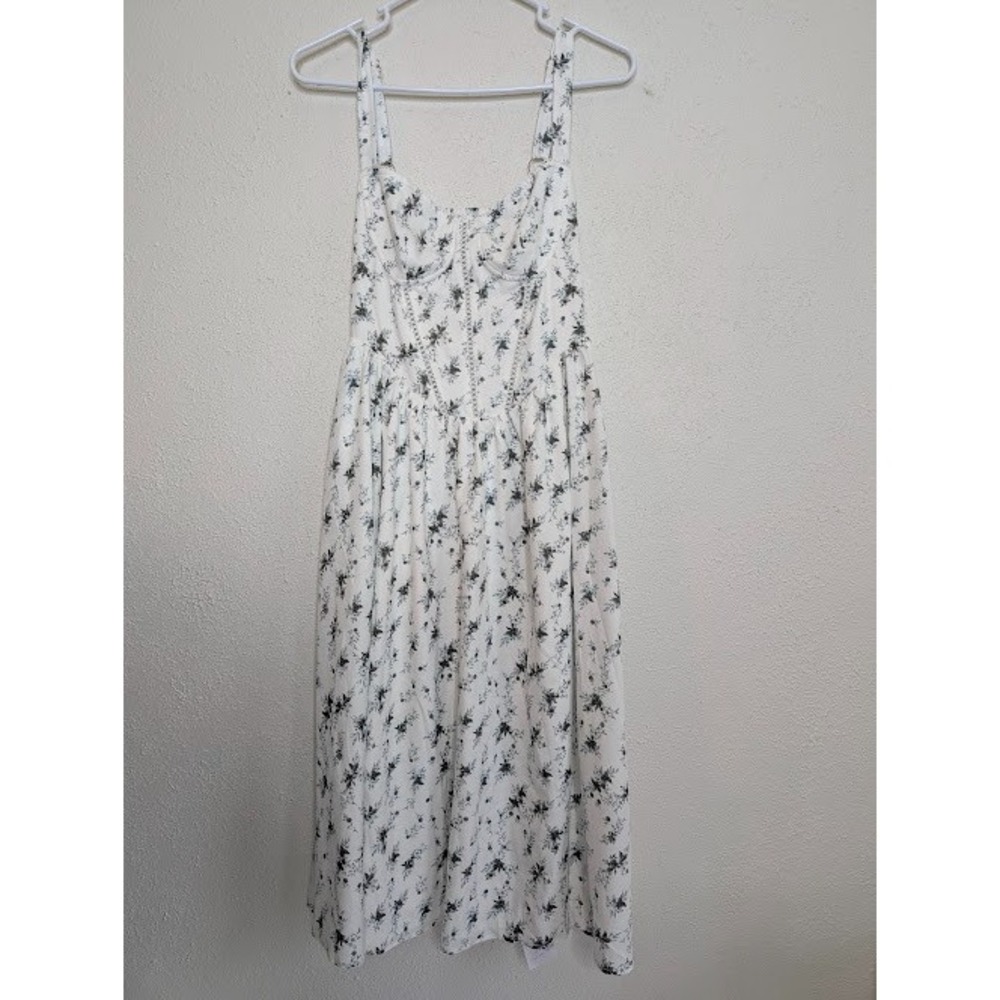 KUTUMAI Floral Corset Midi Dress Flowy Slit Wedding Guest Milkmaid White Blue XS
